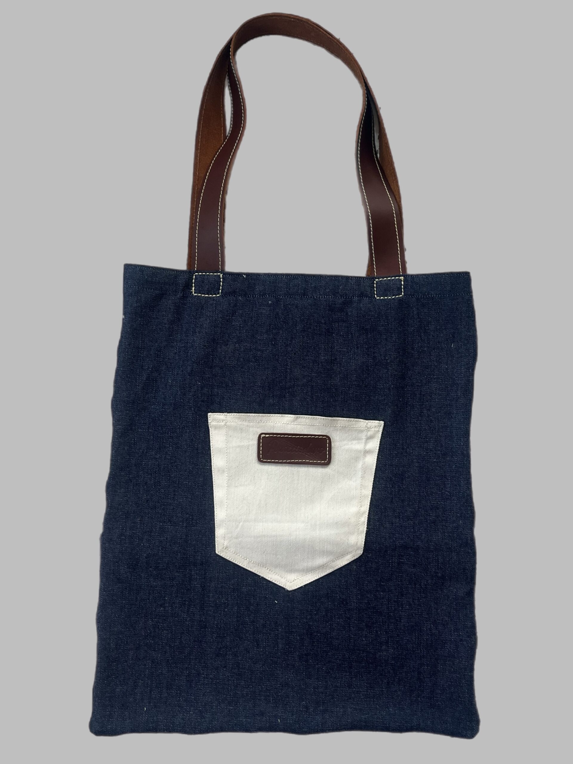 Womens Navy Jeans Leather Pocket Tote Bag