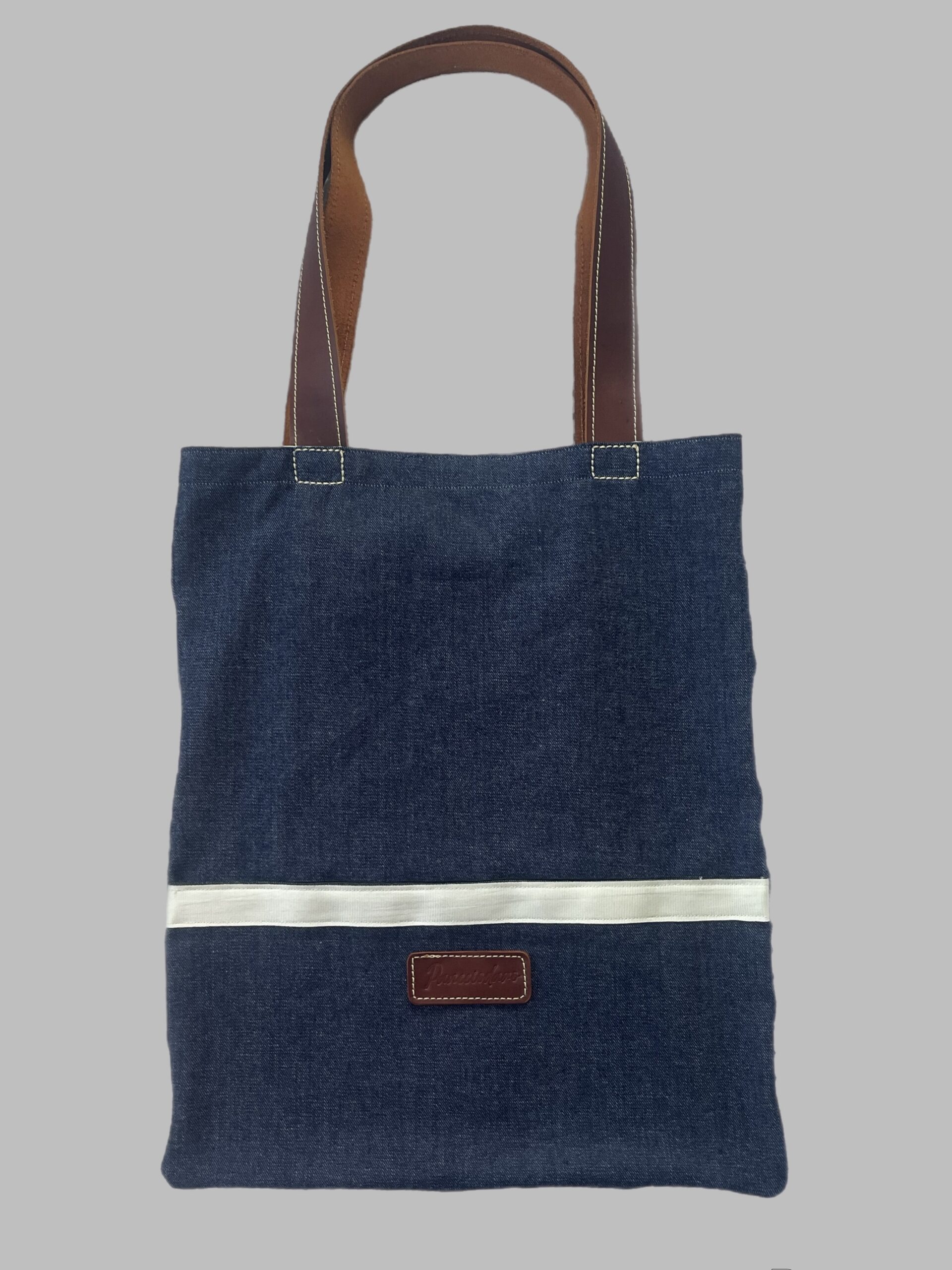 Womens Navy Jeans Leather Pocket Tote Bag - Image 3