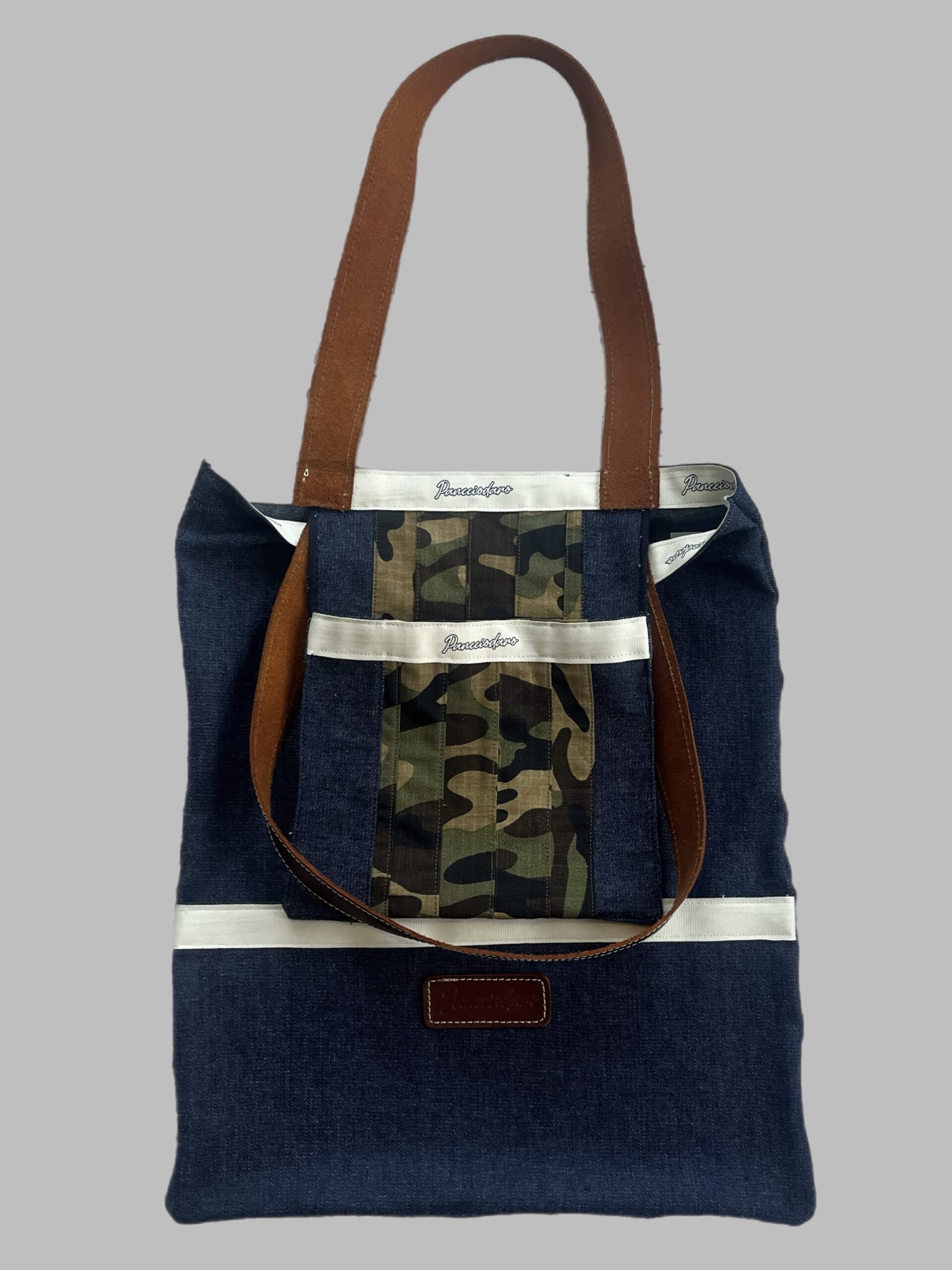 Womens Navy Jeans Leather Pocket Tote Bag - Image 2